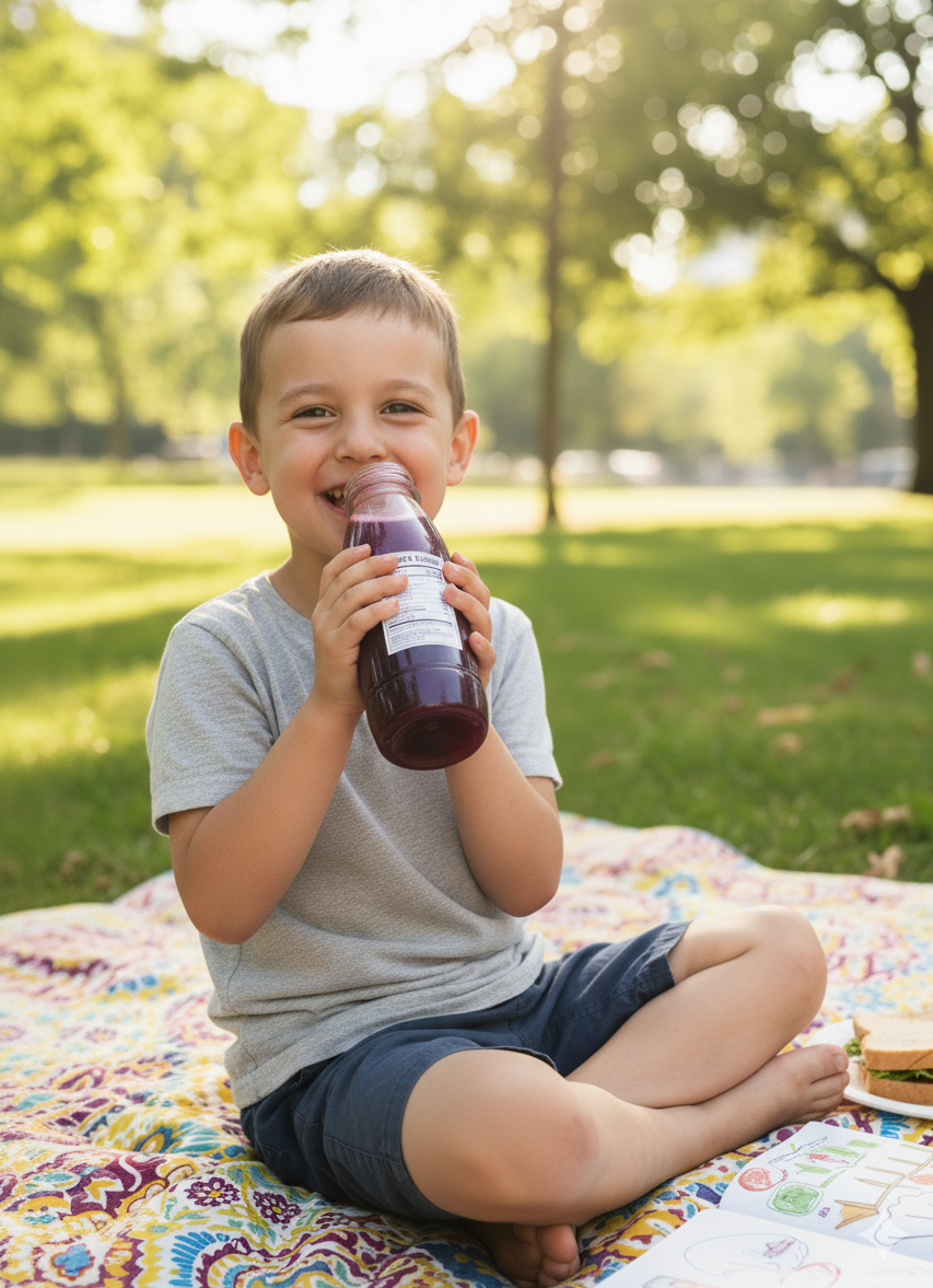 enfant assis sur nappe par terre buvant la boisson Hibis'Up 